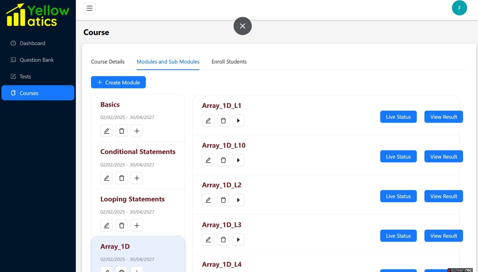 ALISA platform course dashboard showing assigned courses and student progress